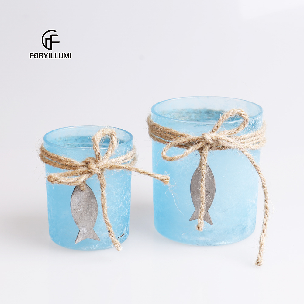 Wholesale light blue unique votive candle jar container empty decorative Glass candle holder for wedding