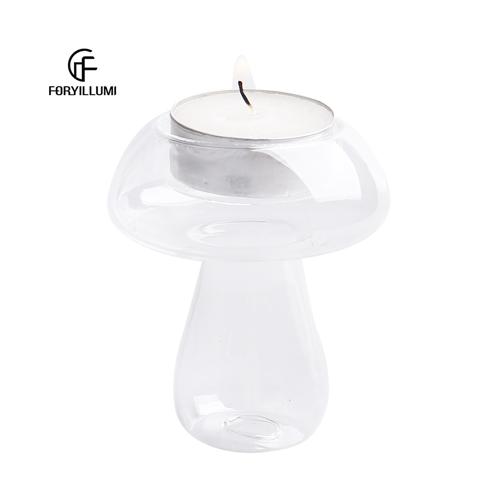 Unique glass candle container high borosilicate glass mushroom shaped glass candle holder for tea light