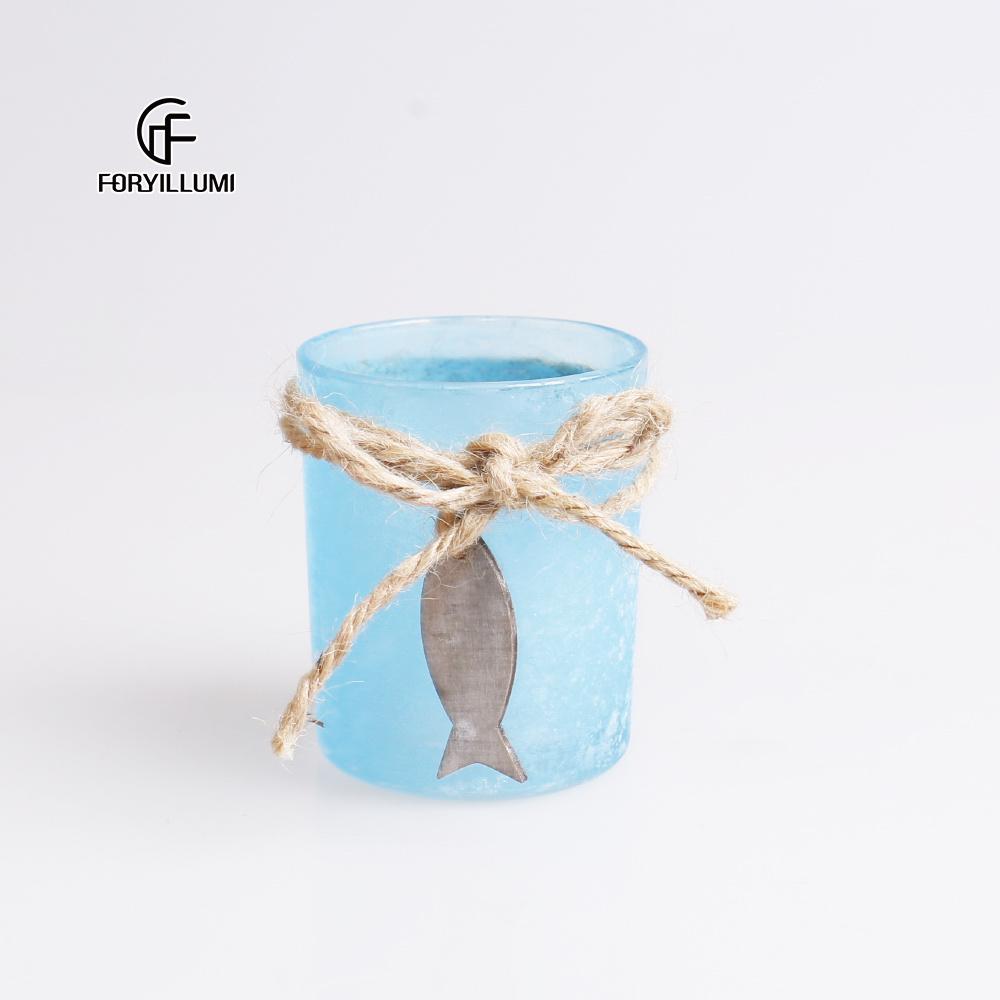 Wholesale light blue unique votive candle jar container empty decorative Glass candle holder for wedding