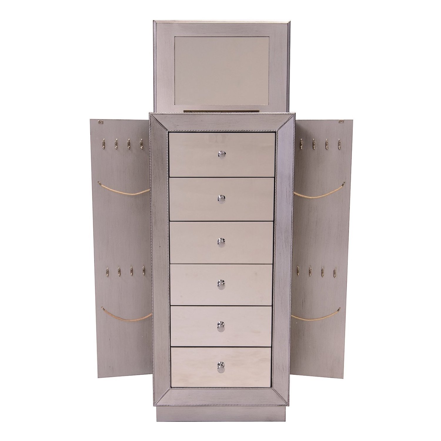 Modern Silver Wood 6 drawers Mirrored Jewelry Armoire with Mirror