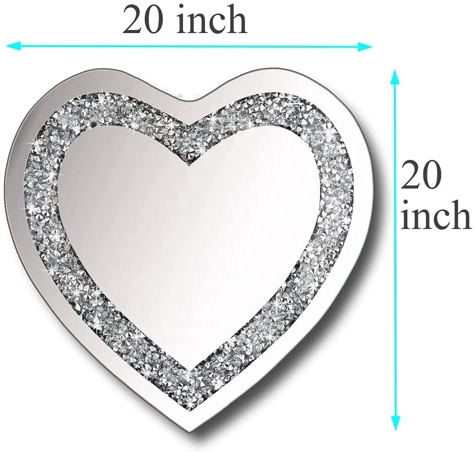 Heart shape sparkly irregular crush diamond silver frameless wall decor mirror for interior decoration