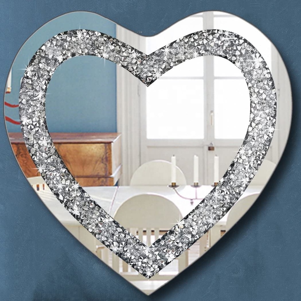 Heart shape sparkly irregular crush diamond silver frameless wall decor mirror for interior decoration