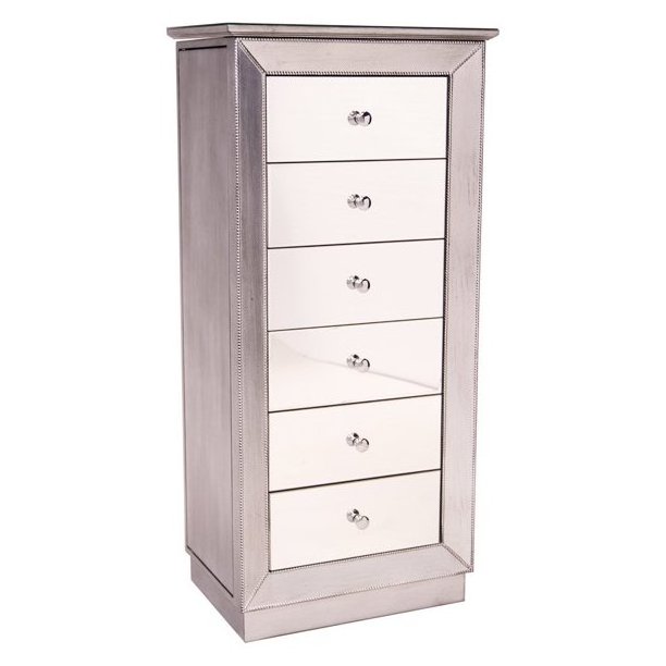 Modern Silver Wood 6 drawers Mirrored Jewelry Armoire with Mirror