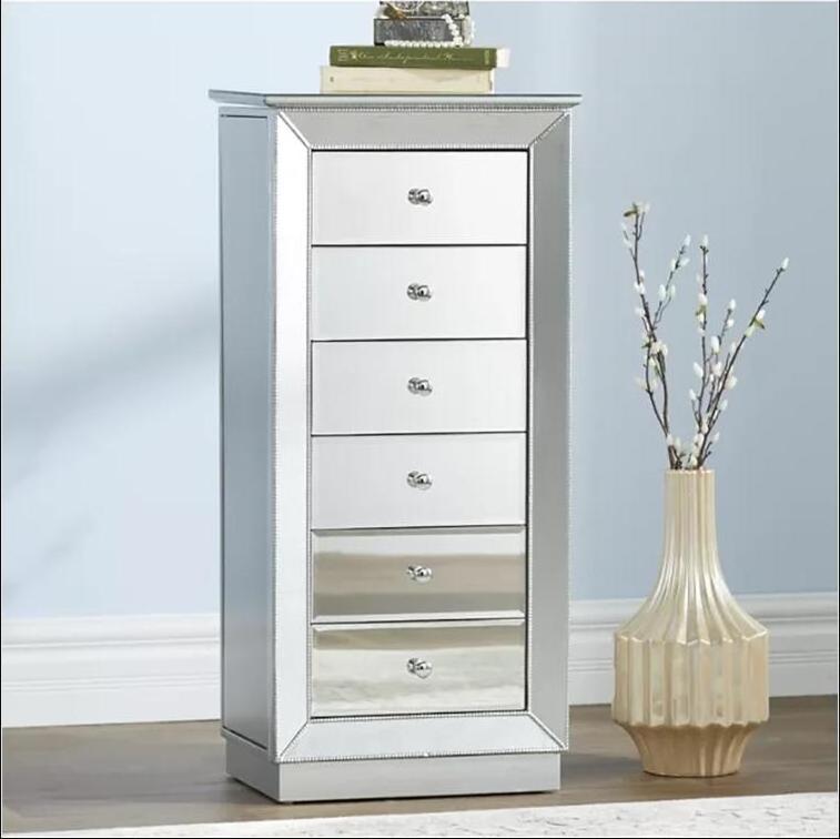 Modern Silver Wood 6 drawers Mirrored Jewelry Armoire with Mirror