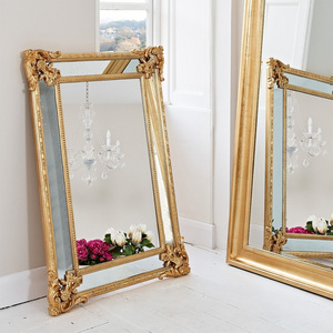 Nordic Mirror Decor Wall Wooden Carved Frame Designed with Flower Livingroom Rectangle Mirror