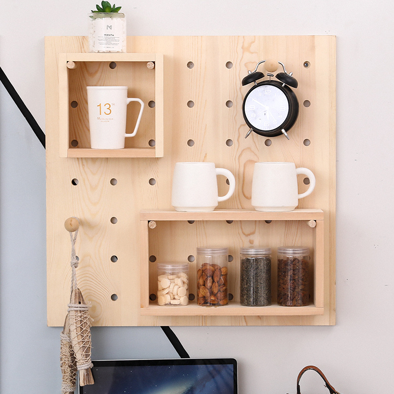 Wood Panel Pegboard Modular Hanging Storage Organizer Coat Rack Shelf Wooden Floating Shelves for Wall