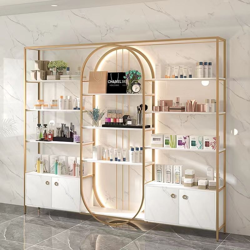 Custom Wooden Wall Cosmetic Shelves Display Cabinet And Makeup Display Wall Showcase For Cosmetic Salon Store