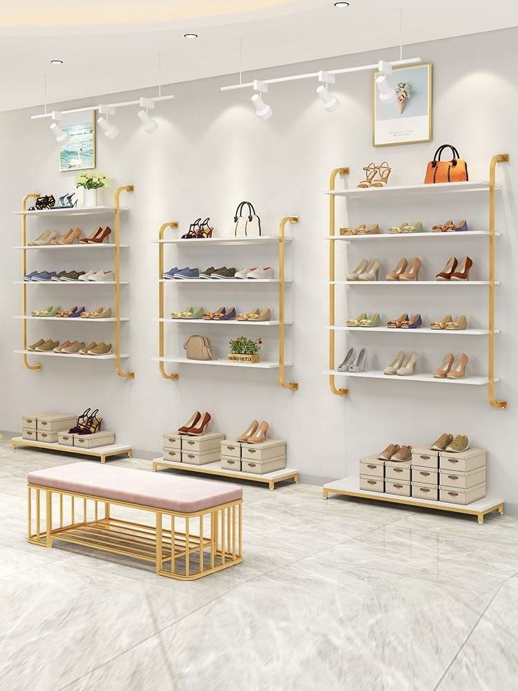 Showroom Design Modern Gold Wall Mounted Bag Handbag Display Shoe Store Display Racks Shoes Stand Display Shelf