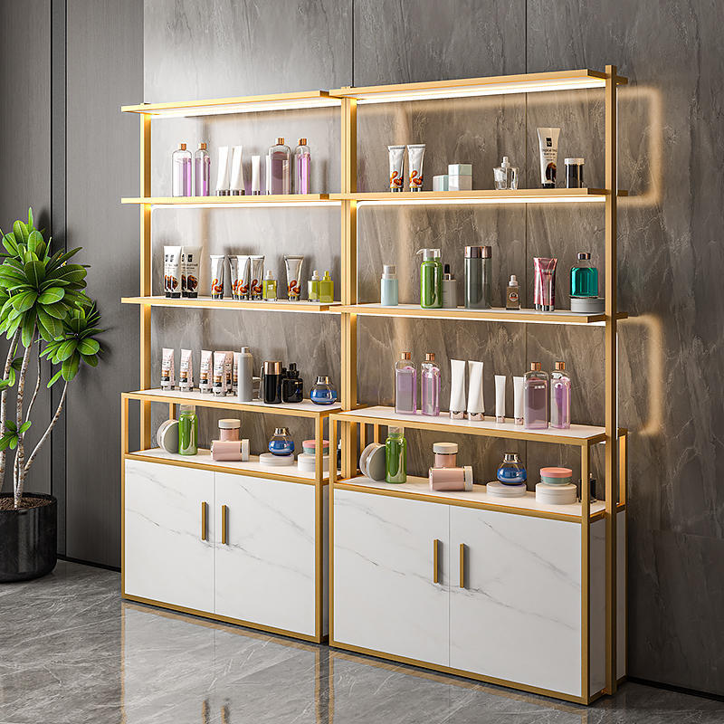 skincare shop furniture ajustable cosmetic store shelf rack led makeup shelves for store cosmetic display shop interior design