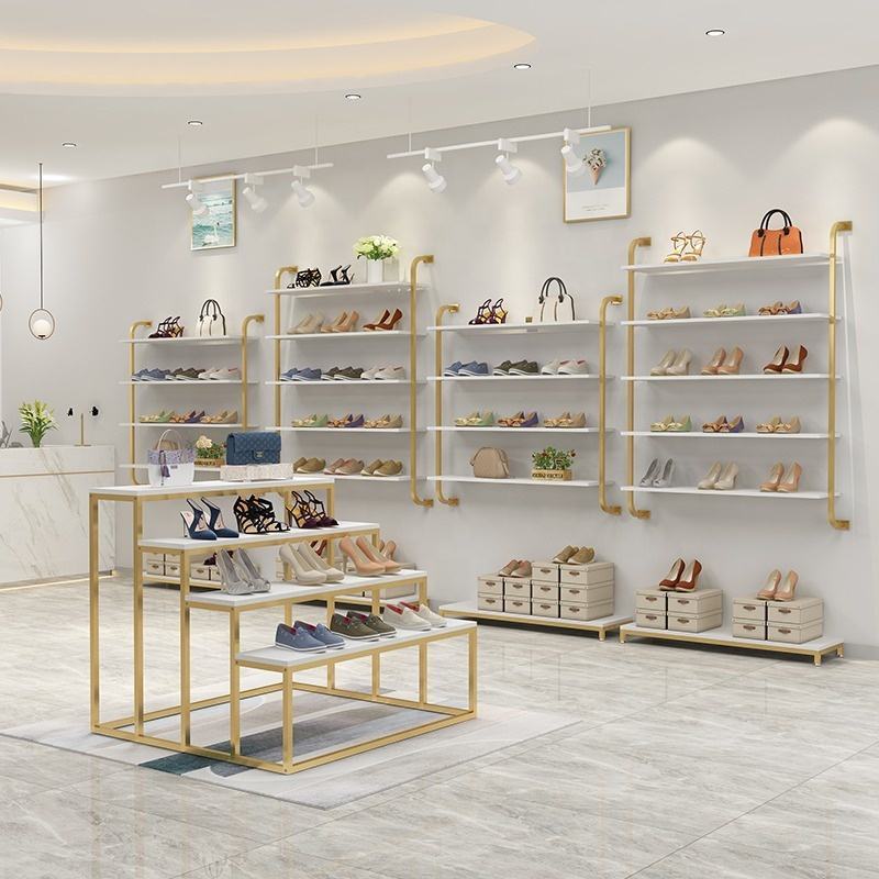 Showroom Design Modern Gold Wall Mounted Bag Handbag Display Shoe Store Display Racks Shoes Stand Display Shelf