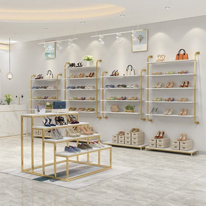 Showroom Design Modern Gold Wall Mounted Bag Handbag Display Shoe Store Display Racks Shoes Stand Display Shelf