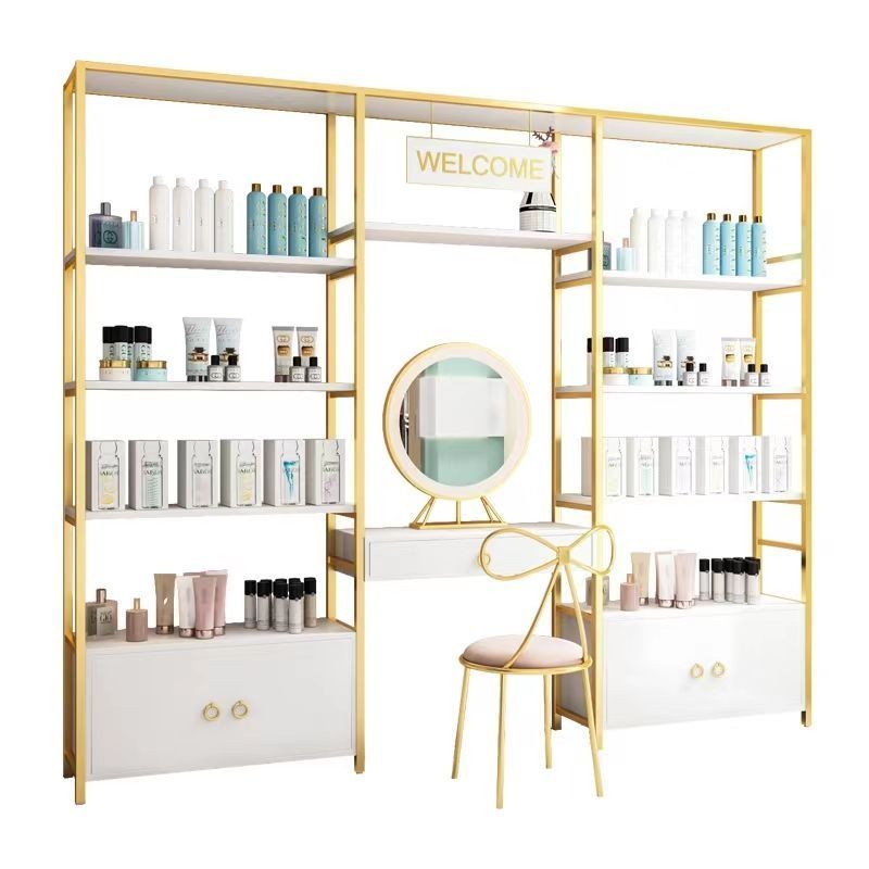 Custom Wooden Wall Cosmetic Shelves Display Cabinet And Makeup Display Wall Showcase For Cosmetic Salon Store