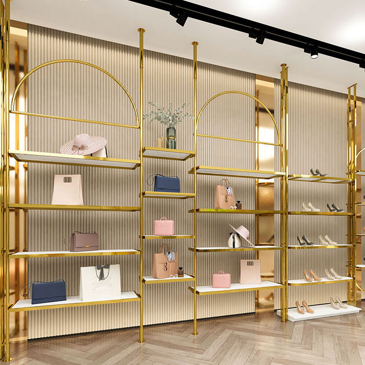 High Quality Gold Display Shelf Furniture Stand Design for Garment Store Clothing Display Rack