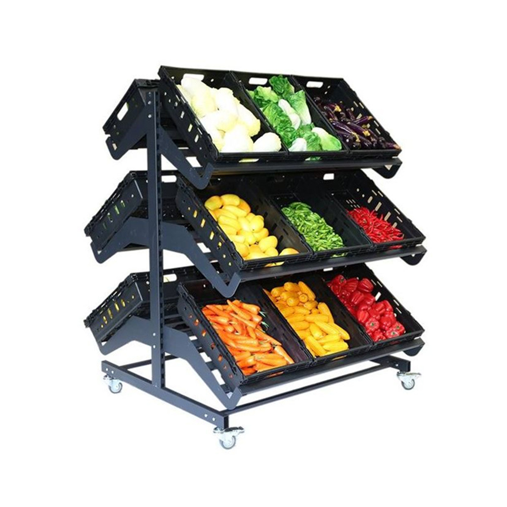 Double-sided 1600mm widths Supermarket Mobile fruit and vegetable display stand plastic display Steel Rack shelf for vegetables