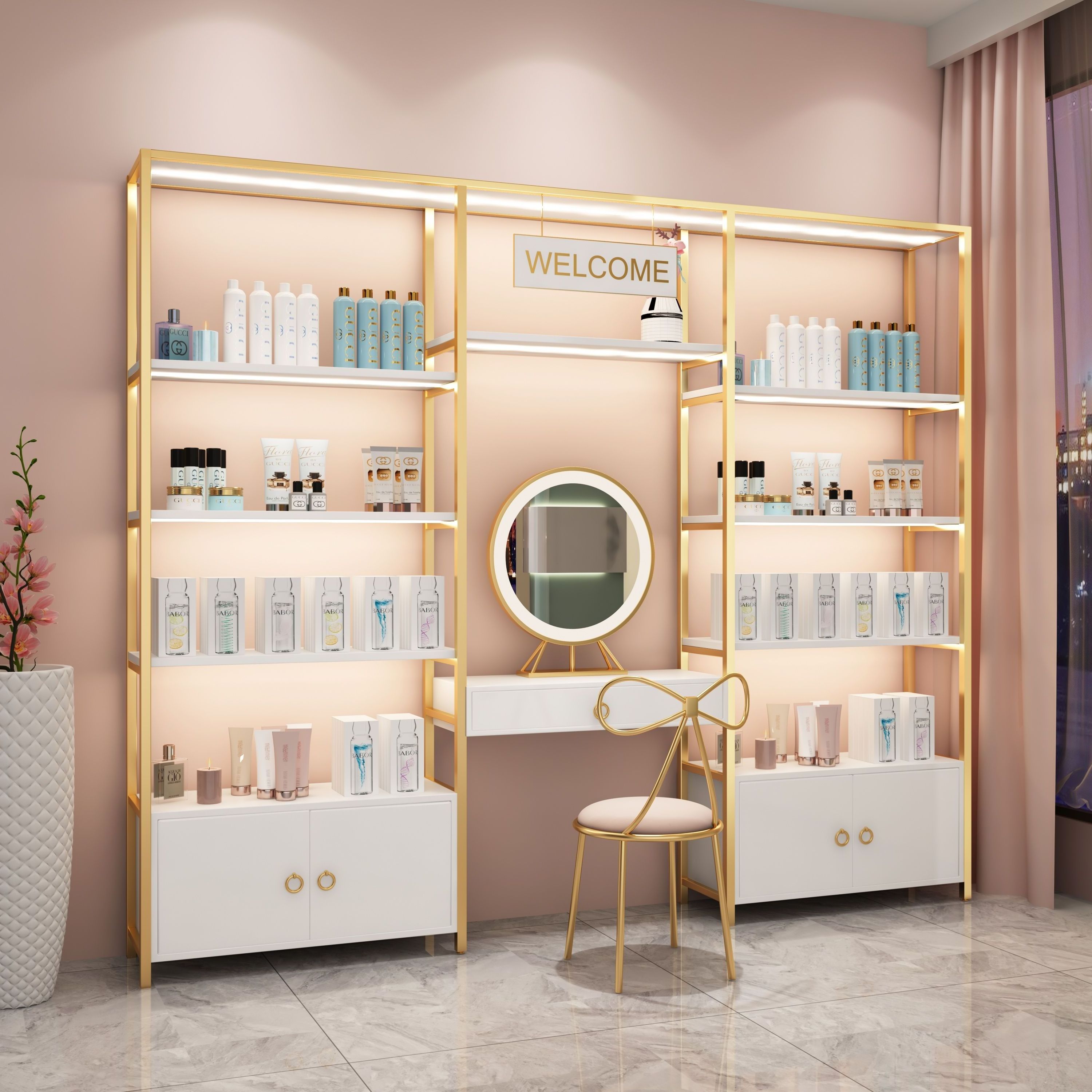 Custom Wooden Wall Cosmetic Shelves Display Cabinet And Makeup Display Wall Showcase For Cosmetic Salon Store