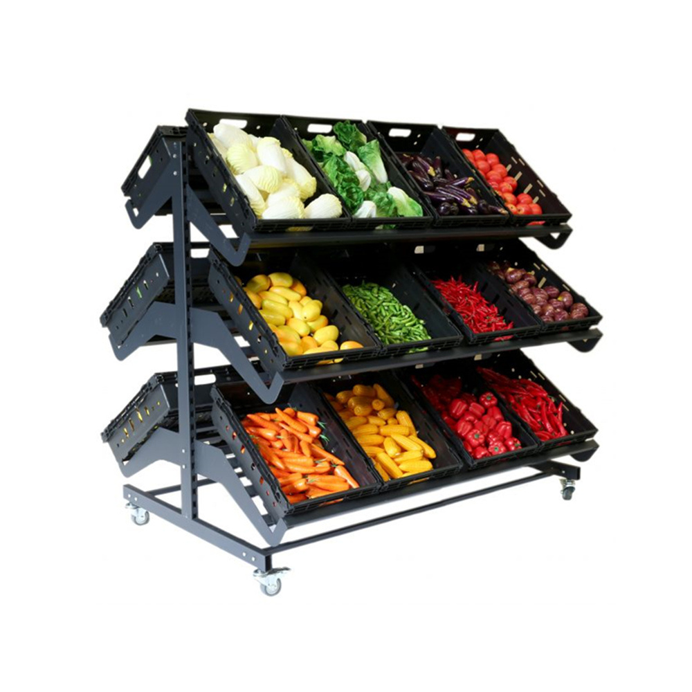 Double-sided 1600mm widths Supermarket Mobile fruit and vegetable display stand plastic display Steel Rack shelf for vegetables