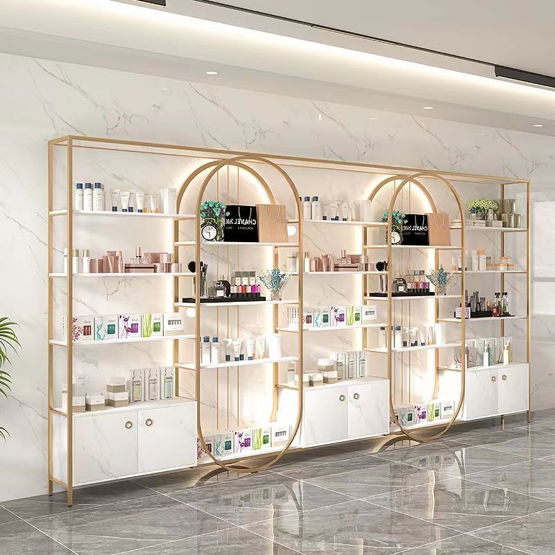 Custom Wooden Wall Cosmetic Shelves Display Cabinet And Makeup Display Wall Showcase For Cosmetic Salon Store