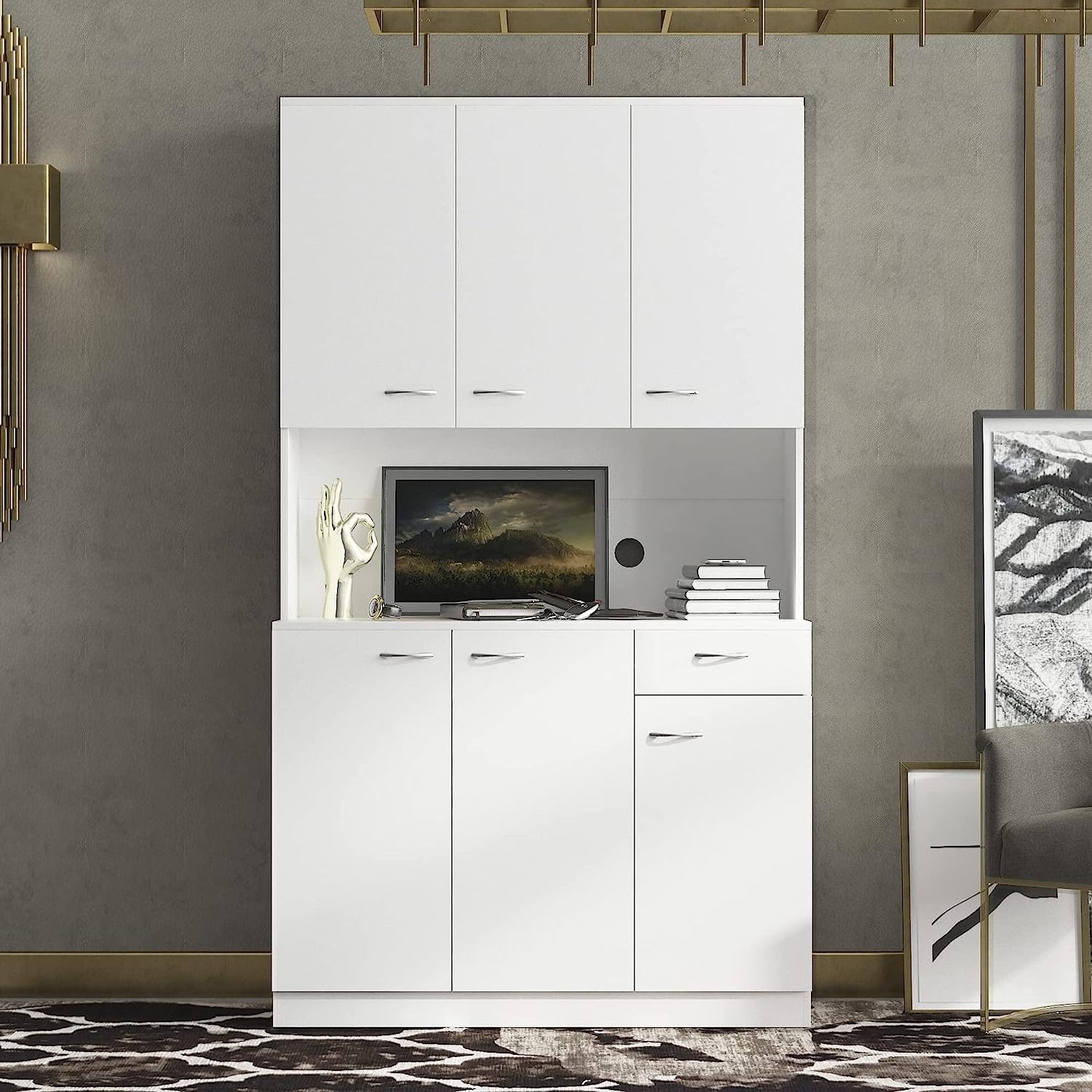 White Freestanding Floor with 6-Doors Microwave Stand Sideboard Buffet Hutch Cupboard Tall Storage Cabinet for Dinning Room