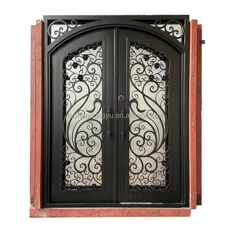 Arched Double French Art Glass Front Door Entrance Welded Wrought Iron Door For Home Main Cast Aluminum Door Cast Aluminum gate