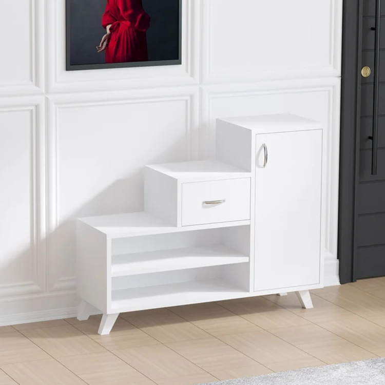 Wooden Shoe Cabinet With 2 Door And Open Shelves Stepped Shoe Rack In White Color