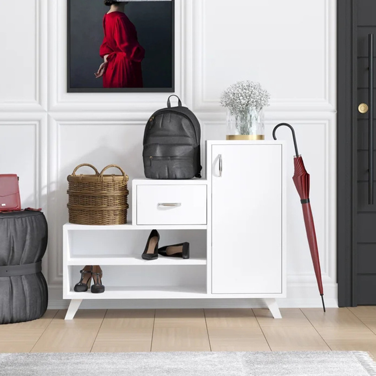 Wooden Shoe Cabinet With 2 Door And Open Shelves Stepped Shoe Rack In White Color