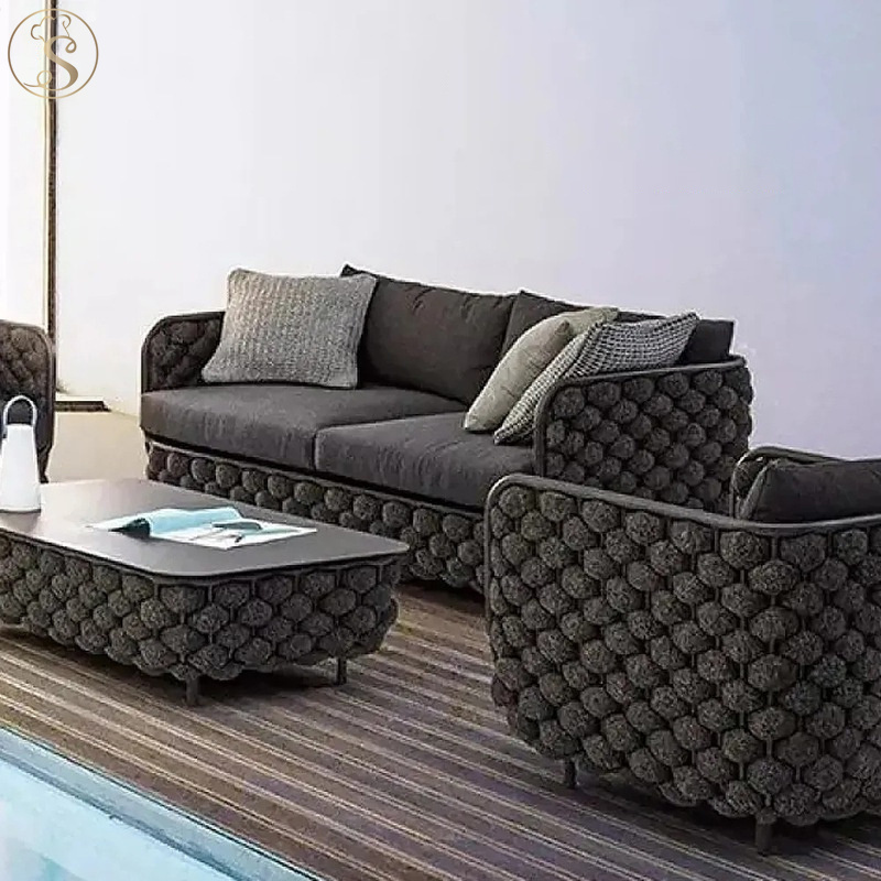 Custom outdoor sofa Simple aluminum and rope woven outdoor love sofa black cushion outdoor patio furniture