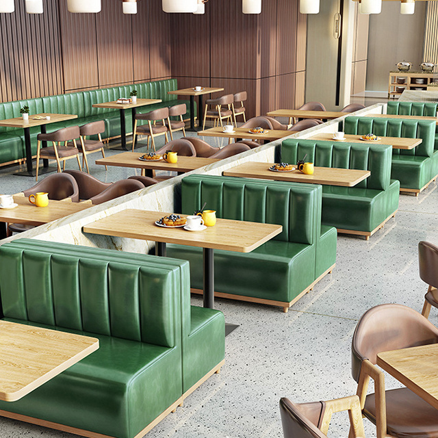 Customize wooden restaurant green leather booth seating with table sets for cafe restaurant