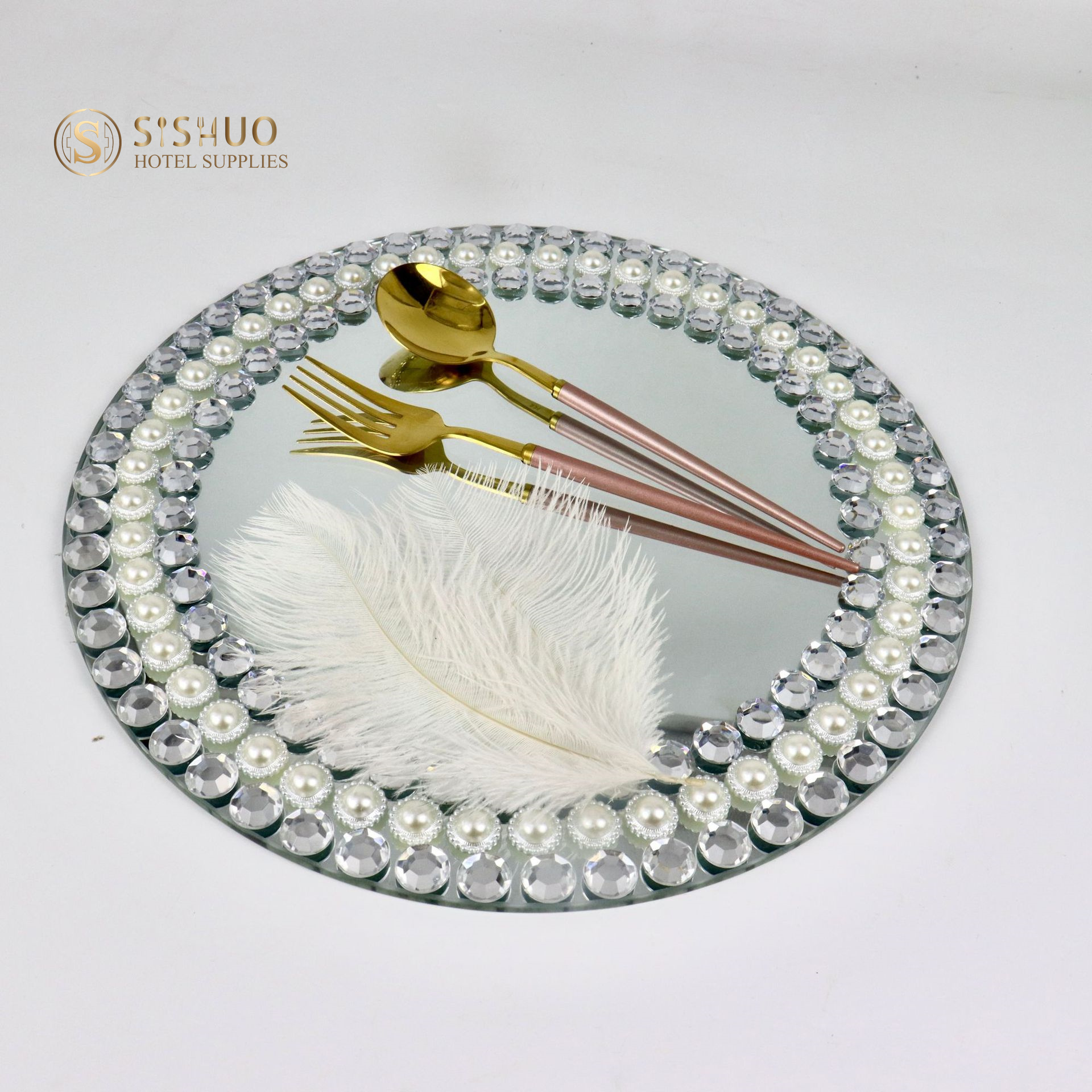 13 Inch Luxury European-Style Wedding Party Decoration Silver Clear Glass Dish With Pearl Crystal Diamond Mirror