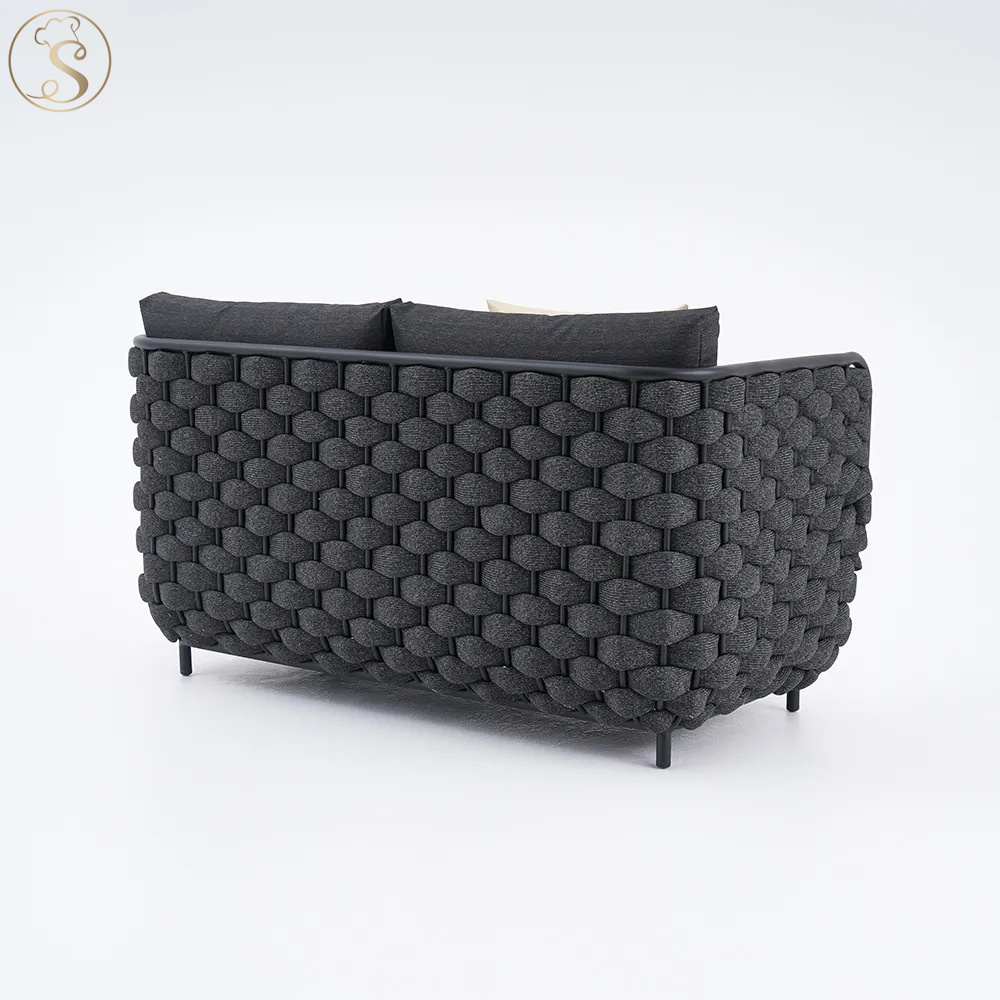 Custom outdoor sofa Simple aluminum and rope woven outdoor love sofa black cushion outdoor patio furniture