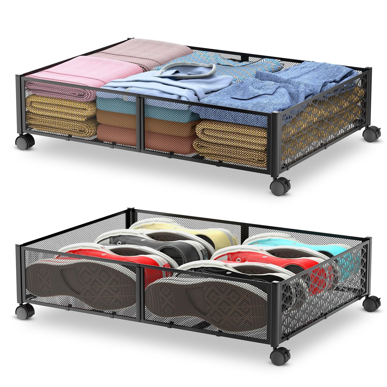 Metal Under Bed Storage Organizer Rack Large Clothes Toy Shoe Organizer Under Bed Storage Container With Wheels