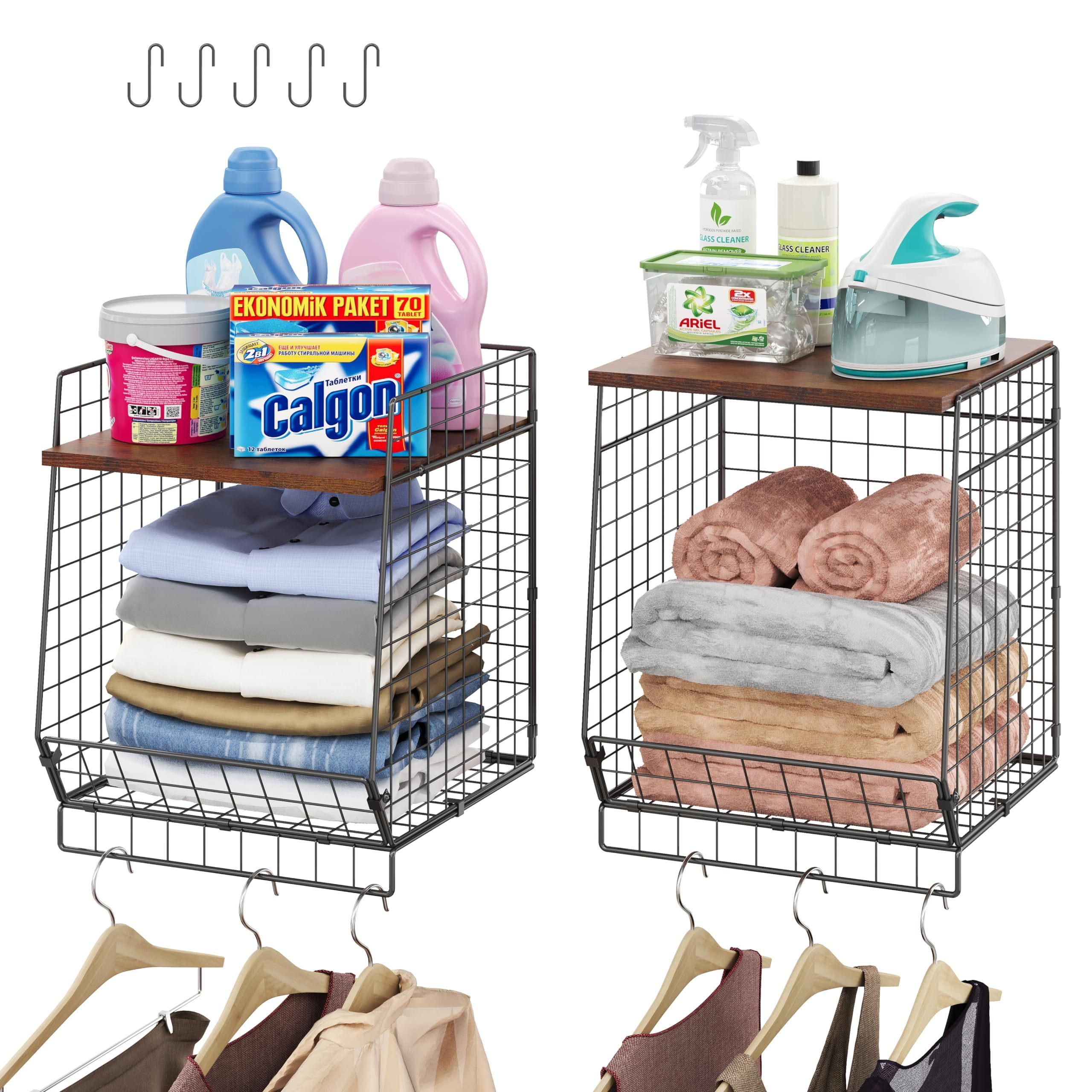 Foldable Metal Wire Laundry Storage Baskets Organizer 2 Pack Hanging Bathroom Counter Top Organizer Shelf