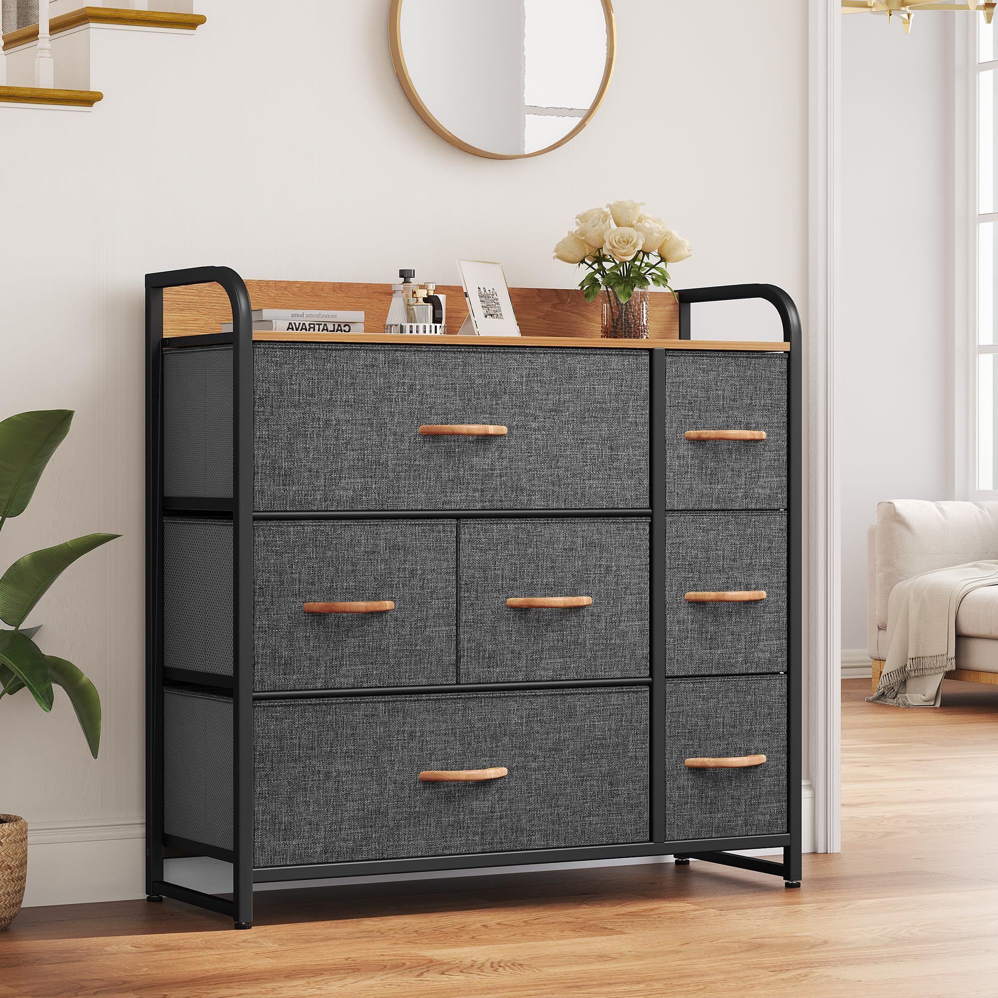 Sturdy Steel Wooden Handle Fabric Dresser with 7 Drawers Storage Tower with Large Capacity for Bedroom Living Room & Closets