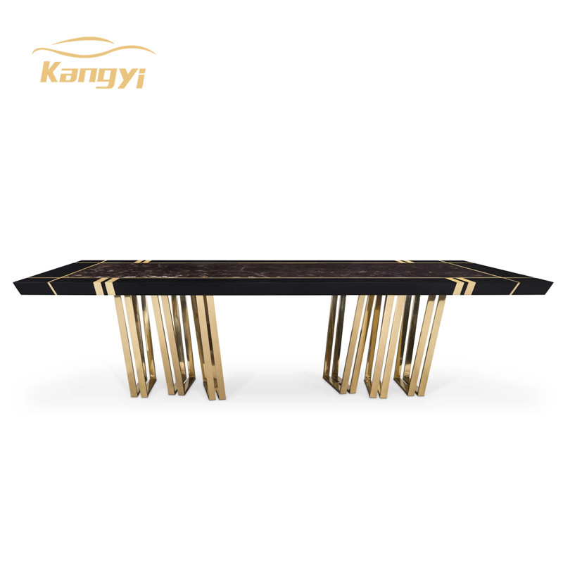 Villa super large dining table with 18 seats gold stainless steel legs long table marble or glass top brand furniture