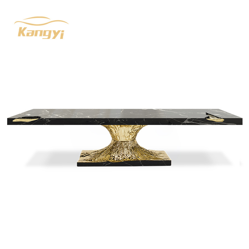 Elegant design golden brass leg black marble top 14 seater dining table set luxury dining room chairs villa furniture