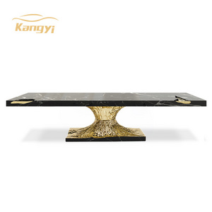 Elegant design golden brass leg black marble top 14 seater dining table set luxury dining room chairs villa furniture