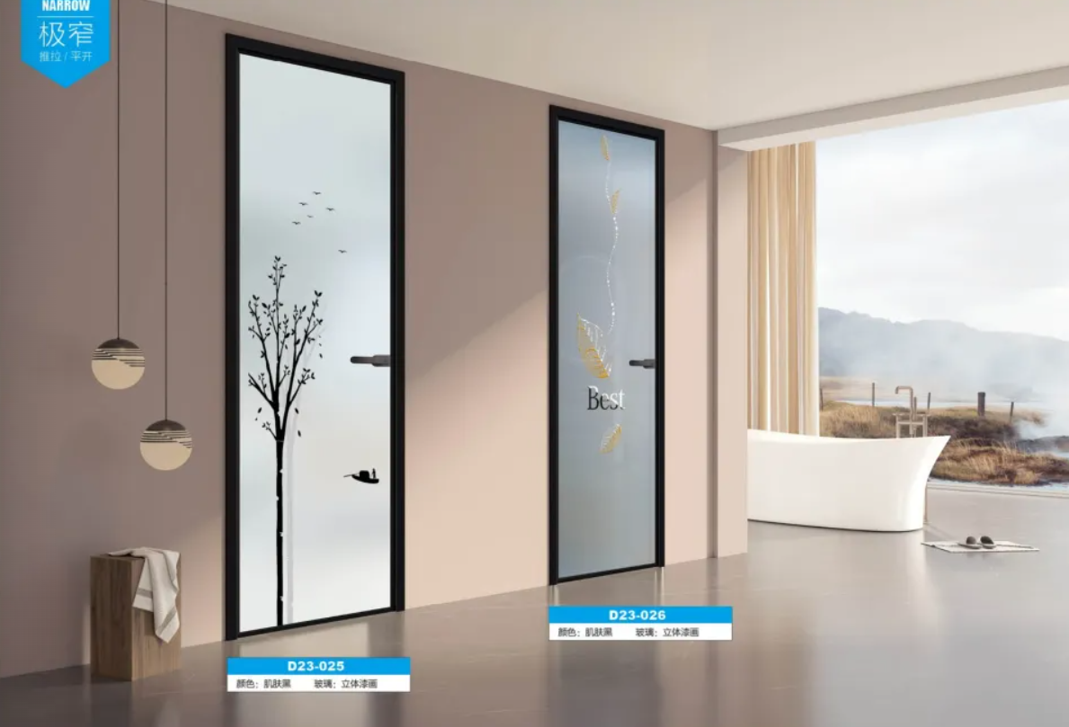 Sliding glass partition door modern style narrow frame aluminum alloy swing door bathroom restroom door