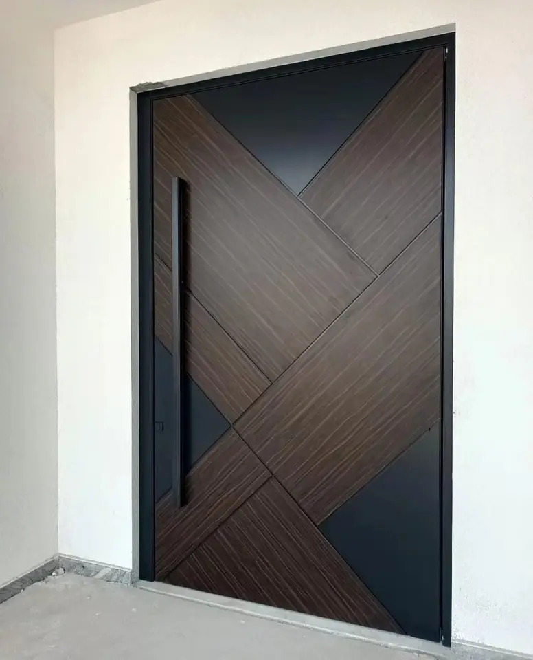 Factory wholesale price modern large smart wooden pivot front door with custom handles