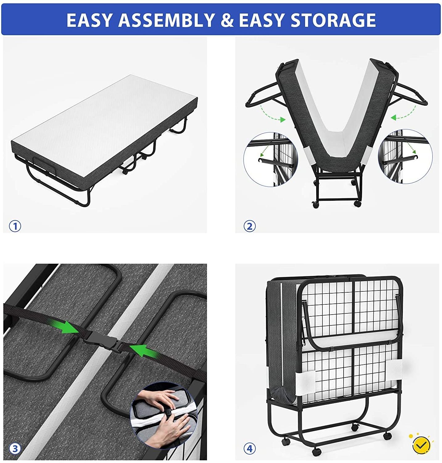 Bedroom furniture metal frame folding bed with wheel rollaway bed with mattress