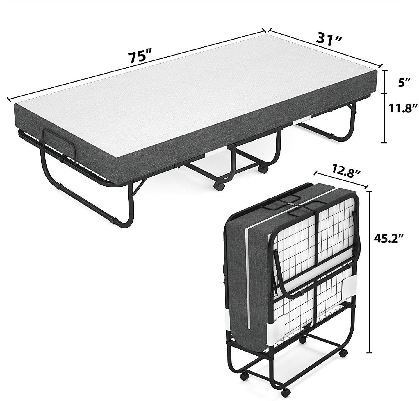 Bedroom furniture metal frame folding bed with wheel rollaway bed with mattress