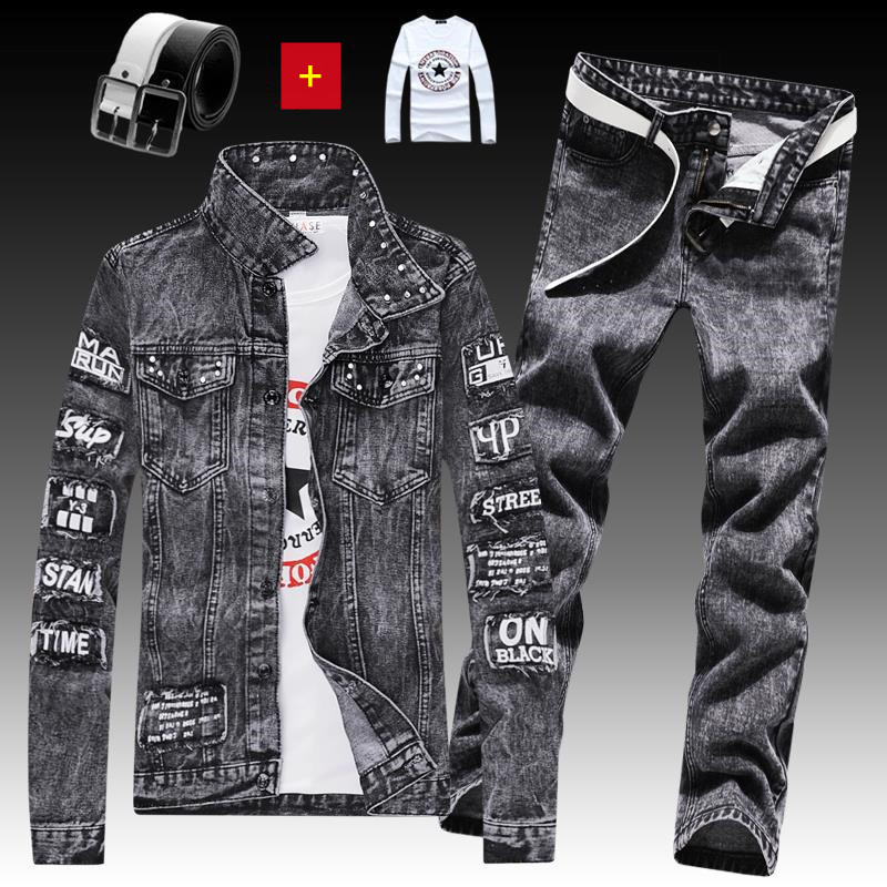 Jean Jacket for Men Classic Slim Denim Jacket with Holes Jeans Suit For Men Tracksuit 4 Pieces Set Autumn Winter