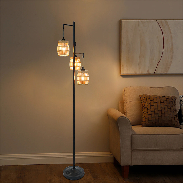 Circular bamboo woven floor to ceiling lantern shaped floor lamp, living room bedroom, hotel restaurant atmosphere lamp