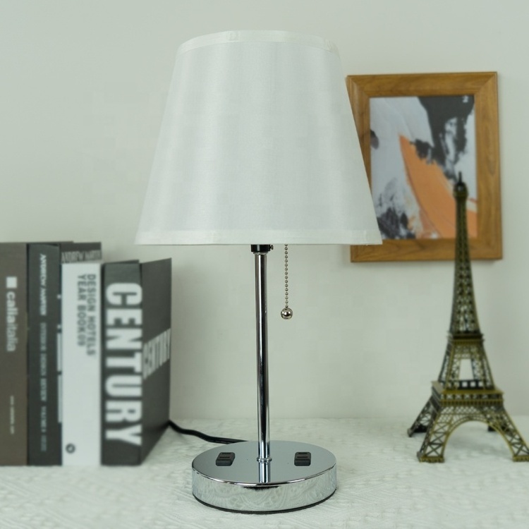 Light grey Dual USB touch three dimmed chrome metal base cloth desk lamp for bedroom