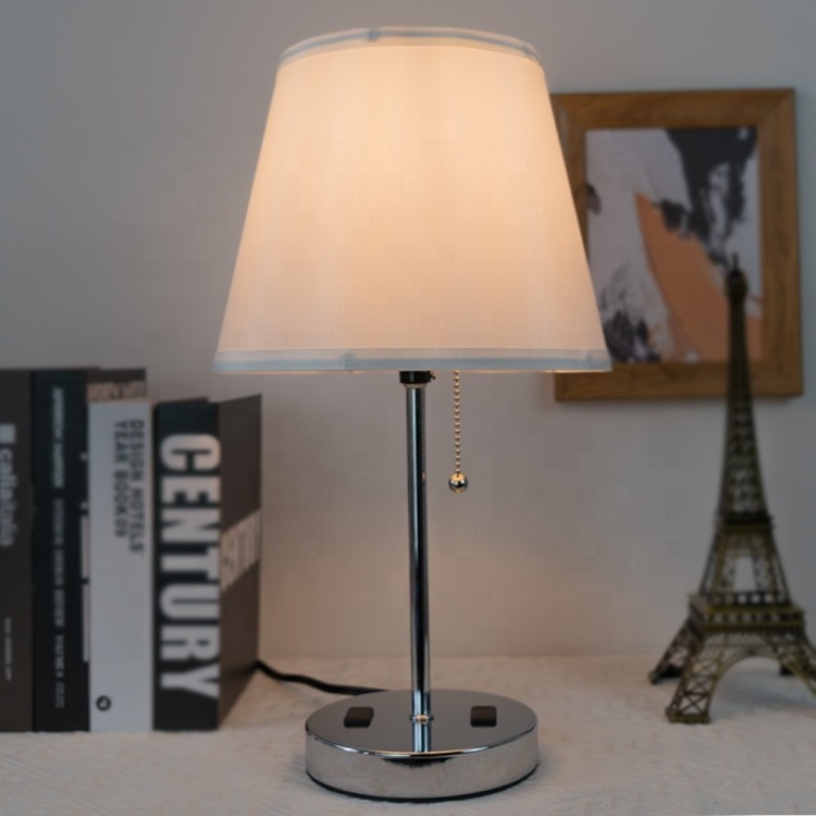 Light grey Dual USB touch three dimmed chrome metal base cloth desk lamp for bedroom