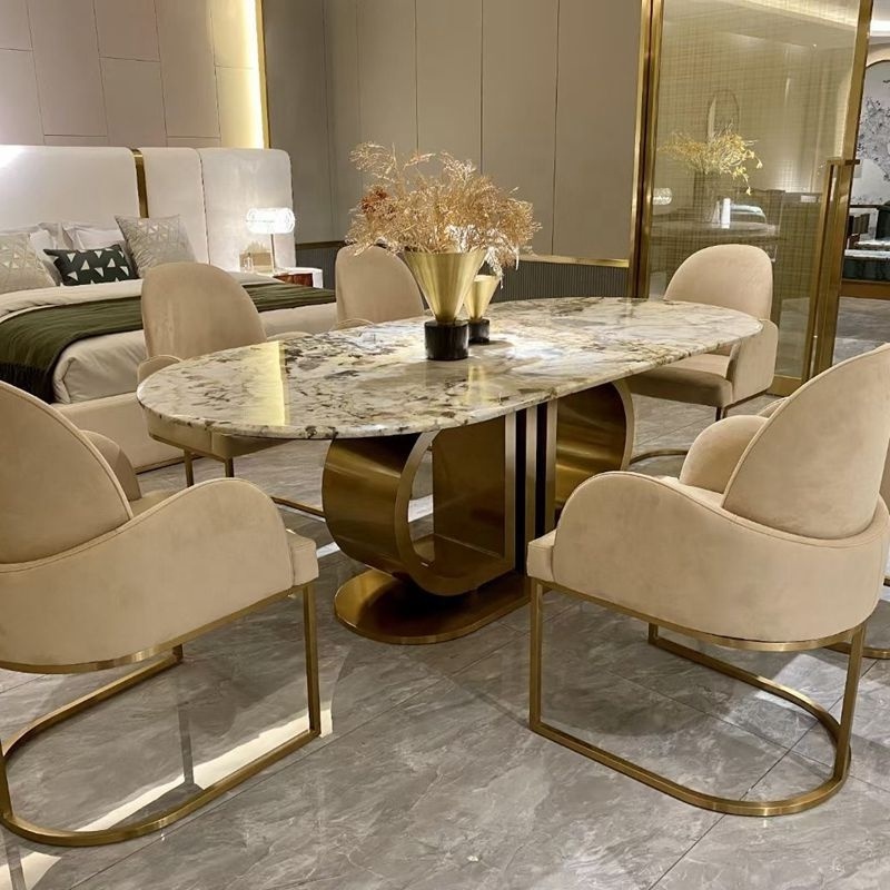 Luxury Italian Modern Home Furniture Dinning Room Table Good Quality Stainless Steel Leg High Gloss Marble Dining Table