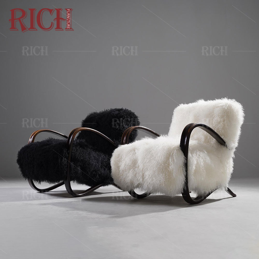 fluffy French lounge modern leisure chair with stainless steel frame fuzzy fur armchair faux wool white furry chair