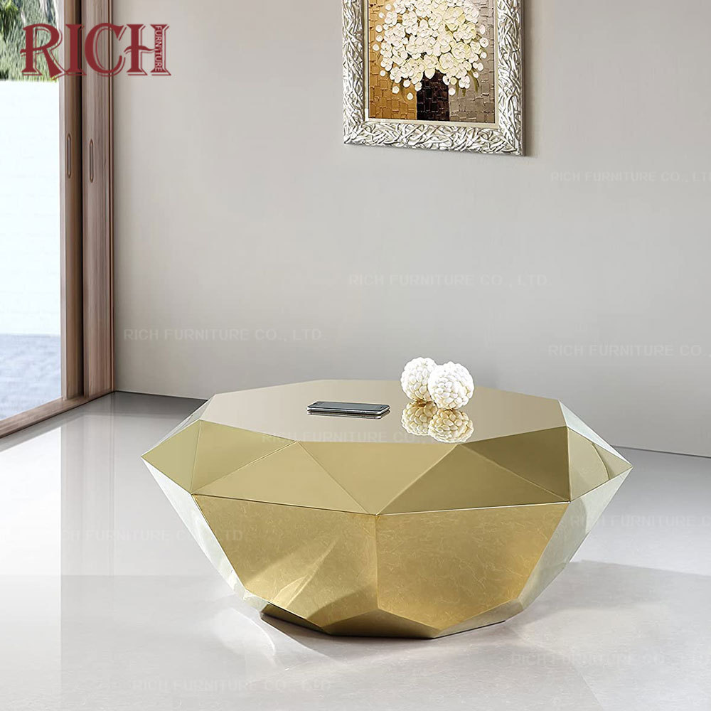 Full Stainless Steel Golden Coffee Tea Center Table Mirrored Finish Shiny Gold Diamond Shape Coffee Table