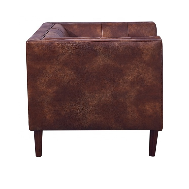 European Style Home Furniture Single Seat Soft Couch Living Room Brown Leather Wooden Sofa