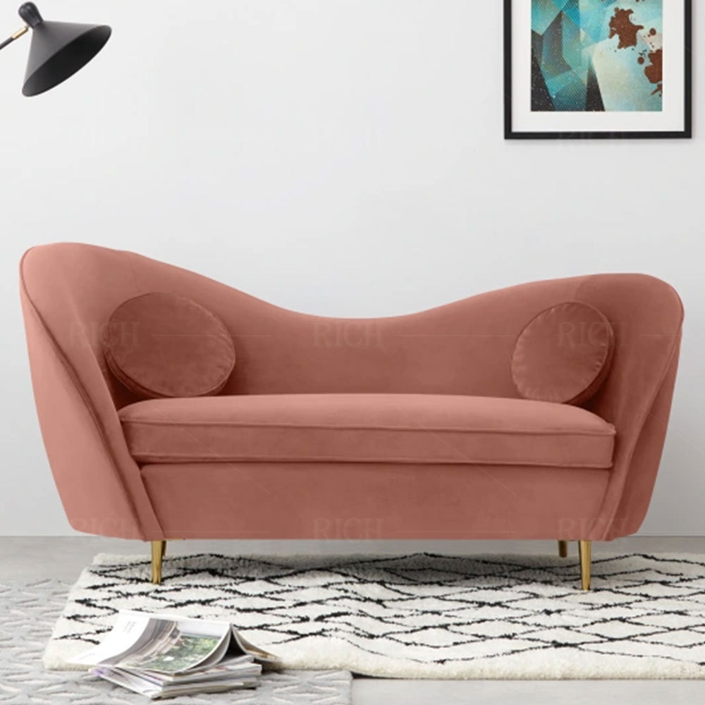 European Single Pink Velvet Fabric Sofa Loveseat Living Room Furniture Gold Stainless Steel Legs Sofa