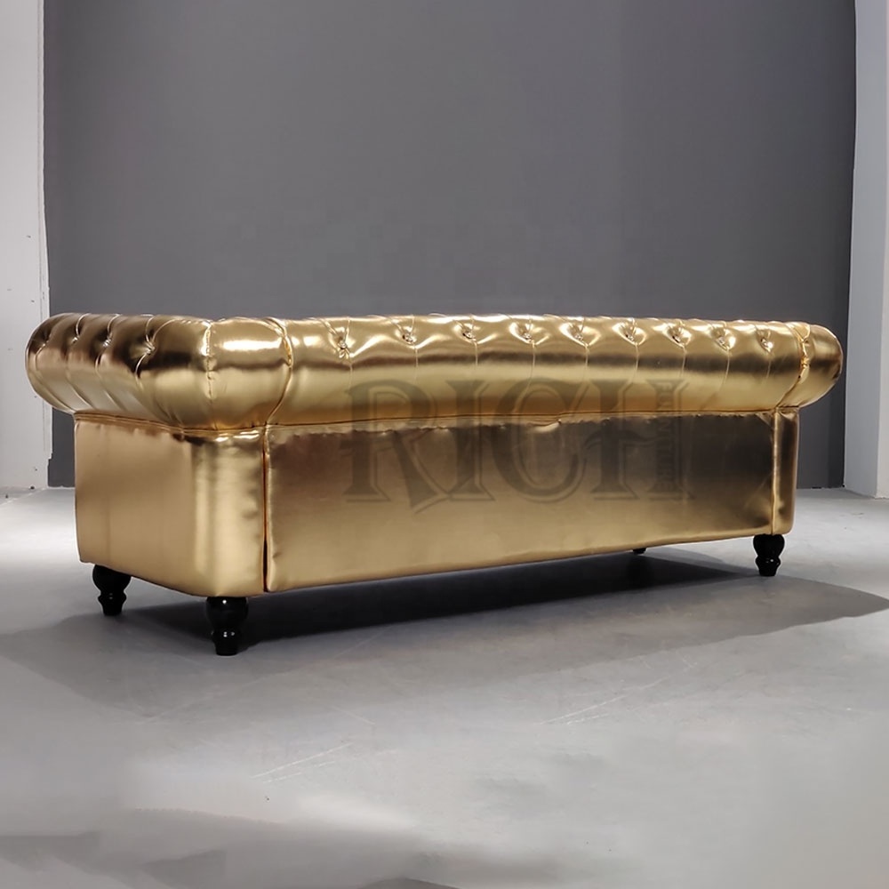 Luxury Gold PU Leather Chesterfield Sofa 3 Seats Button Tufted Chesterfield Sofa Bar Hotel Furniture Golden PU Sofa