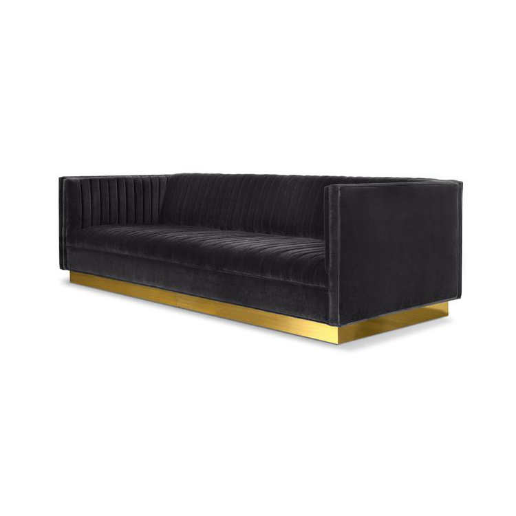 Channel Design Living Room Lounge Black Fabric Upholstered Sofa With Gold Base